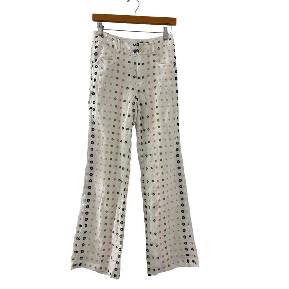 Anthropologie ett:twa White Rainbow Linen Eyelet Wide-Leg Trousers Size 0